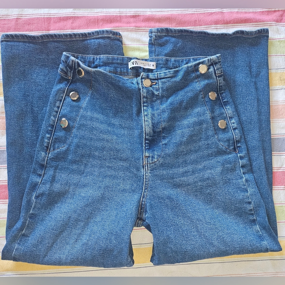 Zara High Waisted Blue Flare Jeans with Button Accents